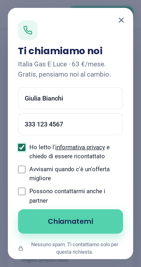 Schermata: richiesta di ricontatto